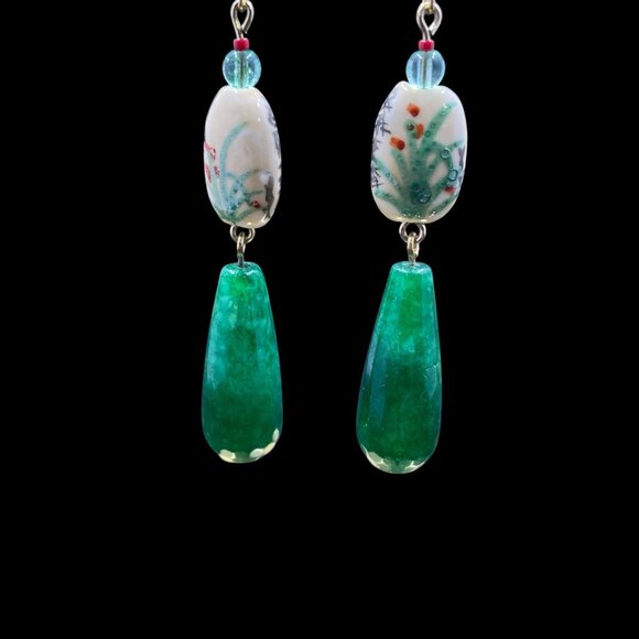 Porcelain Green Glass Drop Earrings Artsy Boho Statement Festival Eclectic Gift - Picture 6 of 6